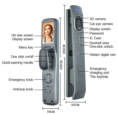 グロマーケット ツヤ スマートドアロック 3D顔認識 自動スマートロック カメラ付き スマートバイオメトリック セキュリティ ドアロック
